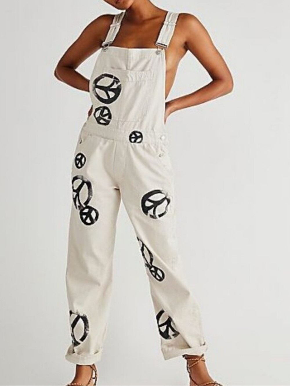 We The Free Denim Overalls Large L Ziggly Harmony Cream with Black Peace Signs